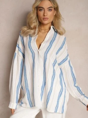 Beżowo-Niebieska Casualowa Koszula z Bawełny w Paski Sileata melya by melody