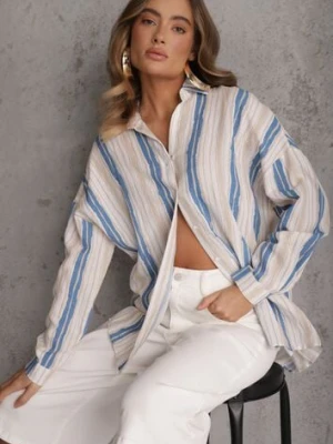 Beżowo-Niebieska Casualowa Koszula z Bawełny w Paski Sileata melya by melody