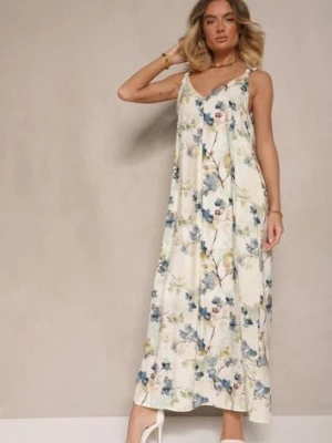 Beżowo-Niebieska Rozkloszowana Sukienka na Ramiączkach z Wiskozą w Kwiatowy Wzór Jenariona rosa