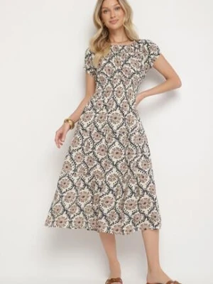 Beżowo-Niebieska Sukienka z Bawełną i Bufiastymi Rękawami Revilee j&x