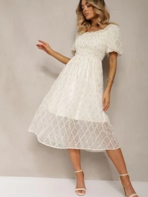 Beżowo-Niebieska Sukienka z Marszczonym Dekoltem o Rozkloszowanym Kroju z Bufiastymi Rękawami Vikirrena elsa.m by may