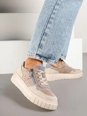 Beżowo-Niebieski Streetwearowe Sneakersy ze Skóry Naturalnej z Ozdobnym Suwakiem Eleavenna goodin