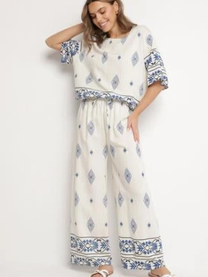 Beżowo-Niebieski Wiskozowy Komplet w Stylu Boho Szerokie Spodnie i Bluzka T-shirt Sarilorae