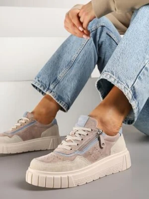 Beżowo-Niebieskie Skórzane Sneakersy w Streetwearowym Stylu Zdobione Suwakiem Elearessa goodin