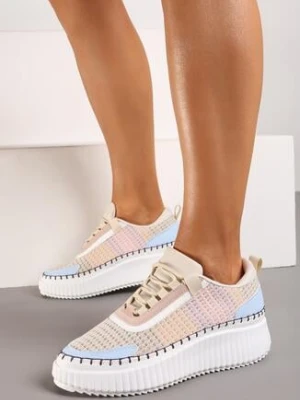 Beżowo-Niebieskie Sneakersy do Kostki na Platformie ze Sznurowaniami Fropia
