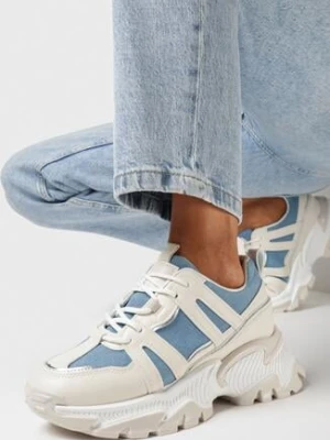 Zdjęcie produktu Beżowo-Niebieskie Sneakersy na Grubej Podeszwie z Brokatem i Wstawkami Tensora