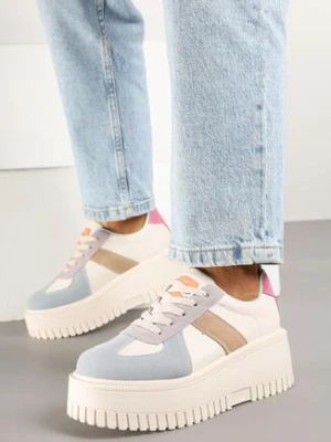 Beżowo-Niebieskie Sneakersy w Stylu Tenisówek na Platformie z Tłoczeniami Firreis