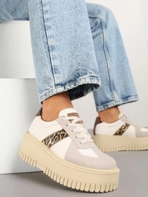 Beżowo-Panterkowe Sneakersy na Grubej Podeszwie z Ozdobnym Paskiem Viviriana seastar