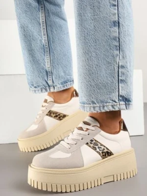 Beżowo-Panterkowe Sneakersy na Platformie Ozdobione Paskiem Vivesse seastar