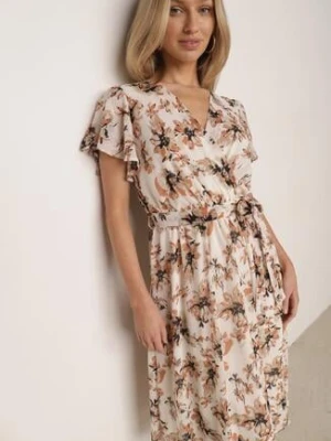 Beżowo-Pomarańczowa Kopertowa Sukienka w Kwiaty z Wiązanym Paskiem i Brokatem Hilingea m&d fashion