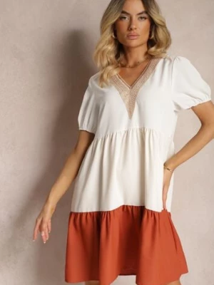 Beżowo-Pomarańczowa Sukienka Ozdobiona Koronką przy Dekolcie o Pudełkowym Kroju Vikia rosa