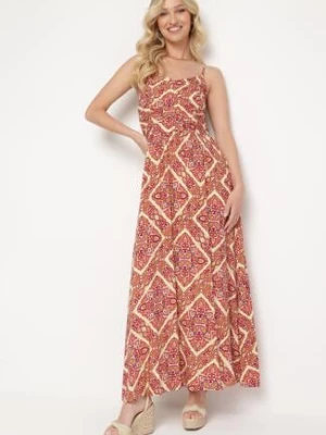 Beżowo-Pomarańczowa Wiskozowa Sukienka na Regulowanych Ramiączkach z Gumkami w Pasie Ysilla cflo