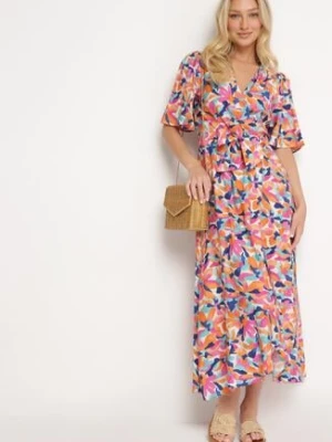 Beżowo-Różowa Kopertowa Sukienka w Kwiaty z Materiałowym Paskiem w Talii Quapia retro & icone