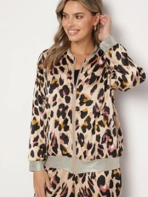 Beżowo-Różowa Kurtka Bomberka w Panterkę ze Ściągaczami Irira rosa