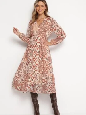 Beżowo-Różowa Rozkloszowana Sukienka Midi z Falbanką Caprina rosa