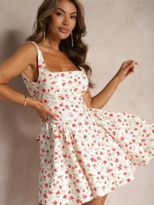 Beżowo-Różowa Sukienka na Ramiączkach o Kwiatowym Wzorze z Kwadratowym Dekoltem i Ramiączkami Belifea allyson