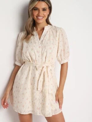 Beżowo-Różowa Sukienka o Koszulowym Kroju na Guziki z Materiałowym Paskiem Belsagia retro & icone