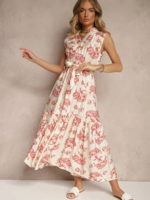 Beżowo-Różowa Sukienka z Wiskozy z Paskiem i Abstrakcyjnym Wzorem Rinalora m&d fashion