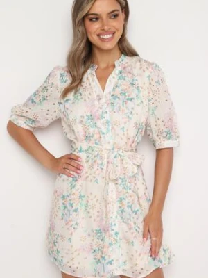 Beżowo-Różowa Trapezowa Sukienka z Bufiastymi Rękawami i Materiałowym Paskiem Bernatia retro & icone