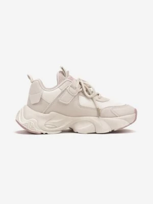 Beżowo-Różowe Buty Sportowe Sneakersy na Platformie z Tłoczeniem z Napisem Valerisia