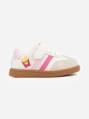 Beżowo-Różowe Buty Sportowe Sneakersy ze Skórzaną Wkładką i Ozdobami 3D Ibysaris