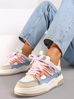 Beżowo-Różowe Płaskie Sneakersy z Geometrycznym Zdobieniem Evithia