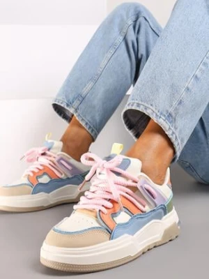 Beżowo-Różowe Płaskie Sneakersy z Geometrycznym Zdobieniem Evithia