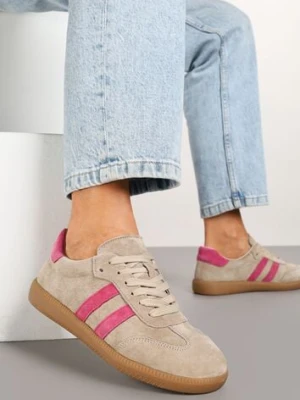 Beżowo-Różowe Płaskie Sneakersy z Wkładką ze Skóry Naturalnej Ozdobione Paskami Neladria