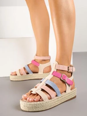 Beżowo-Różowe Sandały Gladiatorki na Grubej Podeszwie z Plecionki Falerisa marquiiz