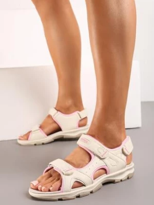 Beżowo-Różowe Sandały Zapinane na Rzepy z Wkładką ze Skóry Naturalnej Tesalise