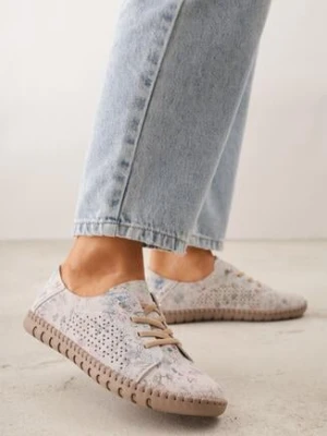 Beżowo-Różowe Skórzane Sneakersy w Kwiaty z Ażurowym Wzorem Rionela goodin