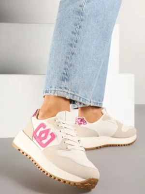 Beżowo-Różowe Sneakersy na Grubej Podeszwie z Ozdobną Aplikacją Alivrella