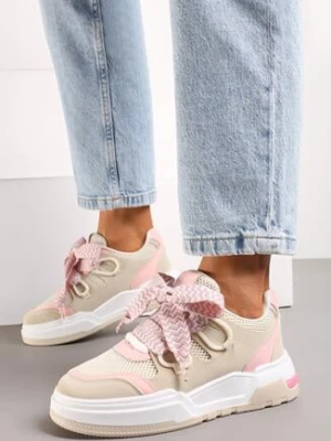 Beżowo-Różowe Sneakersy na Niskiej Platformie z Szerokimi Sznurówkami Gritte