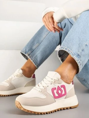 Beżowo-Różowe Sneakersy na Niskiej Platformie Zdobione Aplikacją Alimrela