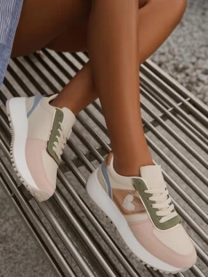 Beżowo-Różowe Sneakersy na Piankowej Platformie z Serduszkiem Timava