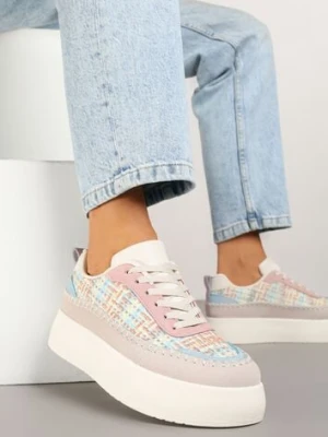 Beżowo-Różowe Sneakersy na Platformie Ozdobione Plecionką Nilaraviela