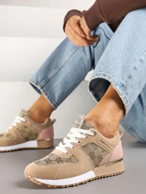 Beżowo-Różowe Sneakersy Ozdobione Wzorzystymi Wstawkami Halisna