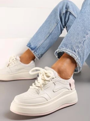 Beżowo-Różowe Sneakersy przed Kostkę na Grubej Podeszwie z Przeszyciami Diacarsa