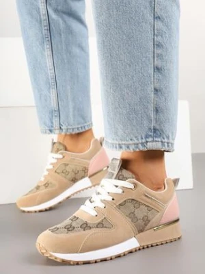 Beżowo-Różowe Sneakersy z Ozdobną Materiałową Wstawką Fanirsa