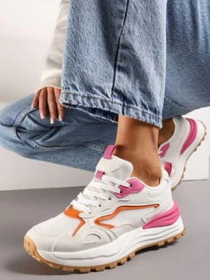 Beżowo-Różowo Sneakersy na Niskiej Platformie z Siateczką z Ozdobnymi Wstawkami Lelphine