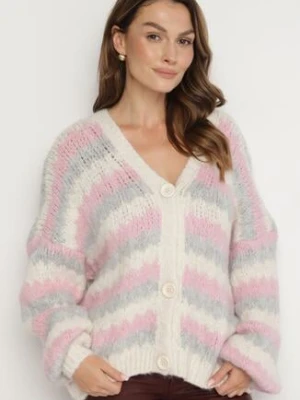 Beżowo-Różowy Rozpinany Kardigan w Paski Nevarith jumelle