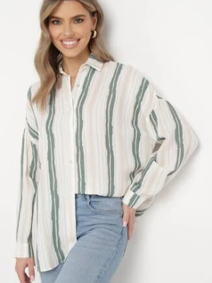 Beżowo-Zielona Bawełniana Koszula w Paski o Luźnym Kroju Lievan melya by melody