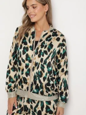 Beżowo-Zielona Kurtka Bomberka w Panterkę ze Ściągaczami Irira rosa