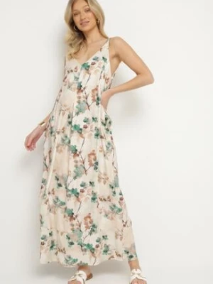 Beżowo-Zielona Kwiecista Sukienka na Ramiączkach z Wiskozą o Rozkloszowanym Kroju Jenarienna rosa