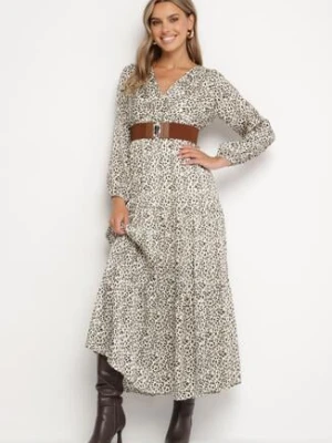 Beżowo-Zielona Panterkowa Rozkloszowana Sukienka z Kopertowym Dekoltem i Paskiem z Klamrą Rinathria rosa