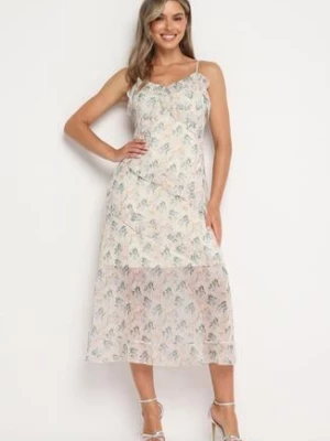 Beżowo-Zielona Rozkloszowana Sukienka na Cienkich Ramiączkach z Dekoltem w Serek i Falbankami Pelviana elsa.m by may