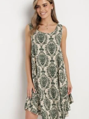 Beżowo-Zielona Rozkloszowana Sukienka z Bawełny bez Rękawów Horrilla