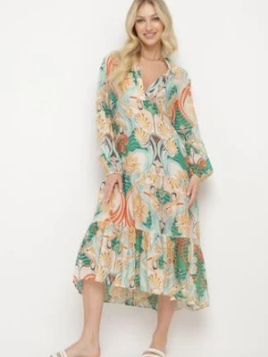 Beżowo-Zielona Rozkloszowana Sukienka z Długim Rękawem i Falbankami Amollas rosa