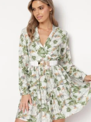 Beżowo-Zielona Sukienka Mini w Kwiaty z Rozkloszowanym Falowanym Dołem Darae rosa