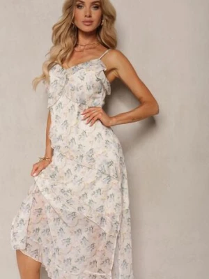 Beżowo-Zielona Sukienka na Ramiączkach z Trójkątnym Dekoltem i Ozdobnymi Falbankami Rieviana elsa.m by may